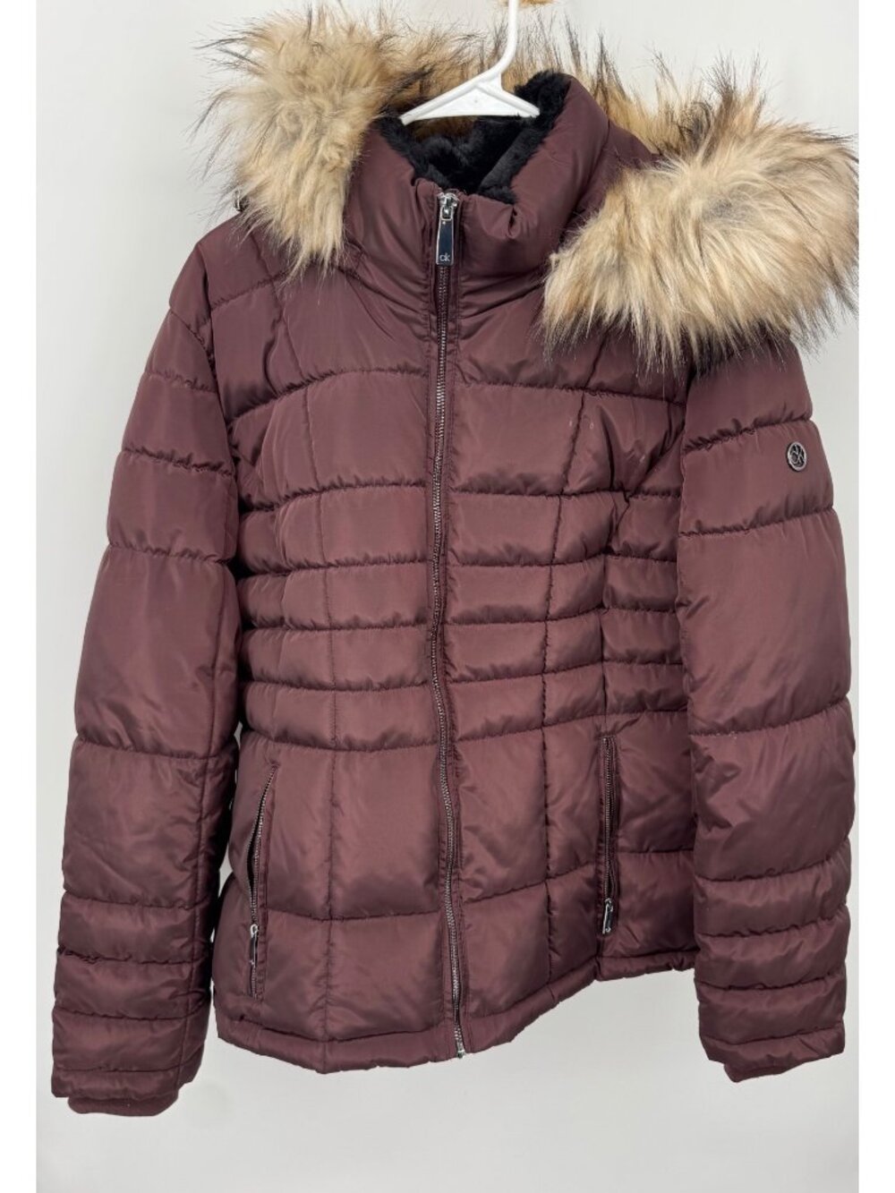 Calvin Klein Womens Burgundy Sorona Aura Puffer Winter Coat With Fur Hood XL